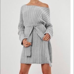 gray chenille belted jumper dress
